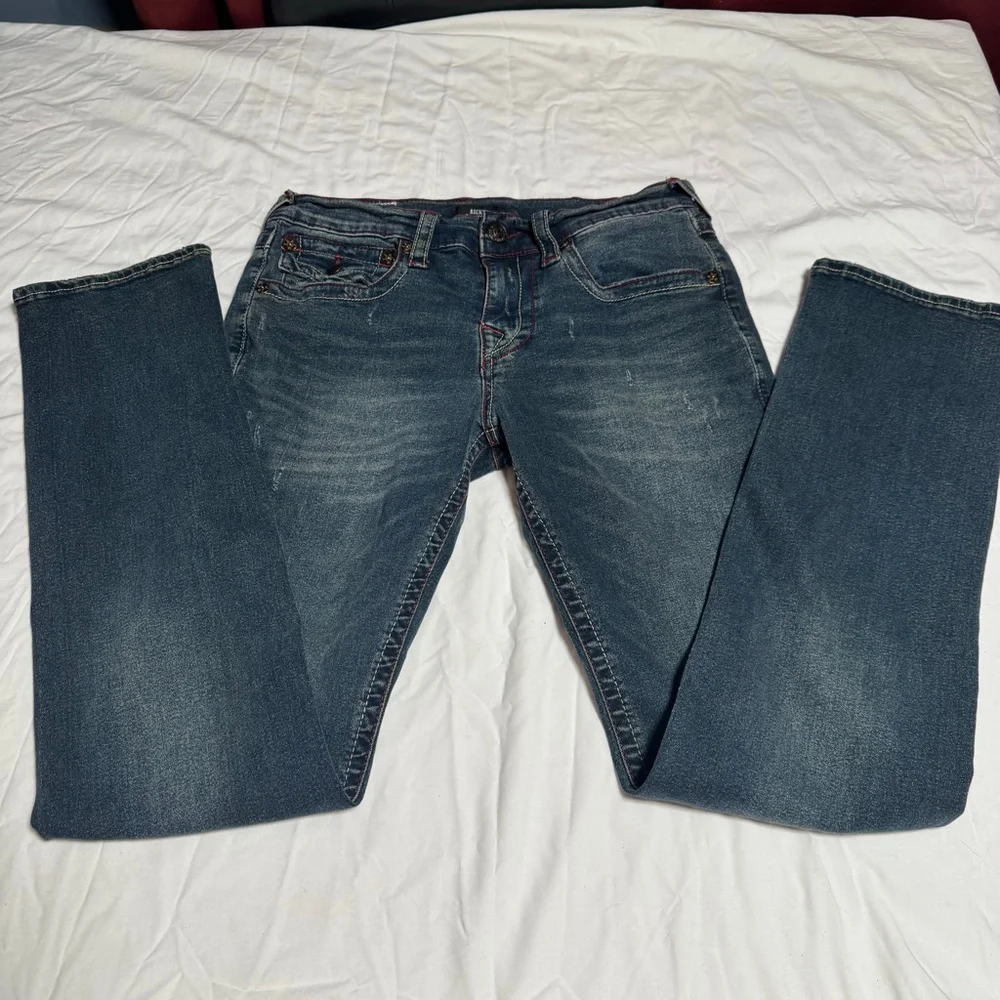 Men's True Religion Ricky Straight Jeans Waist 30 Blue with Red Stitching #90